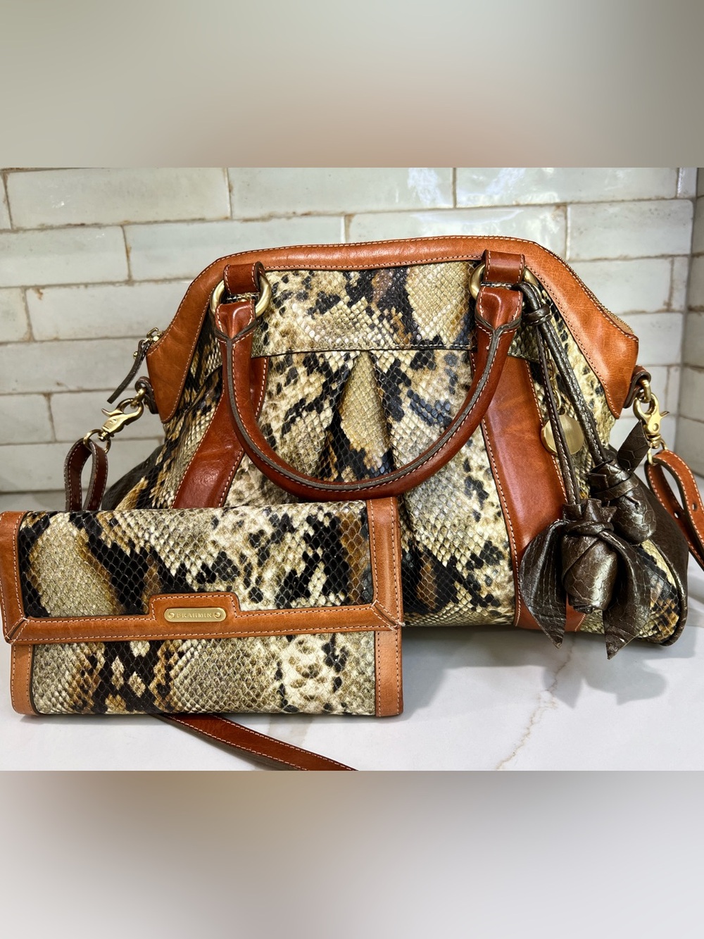 Brahmin Louise Rose Python-Embossed Leather Satchel with Wallet